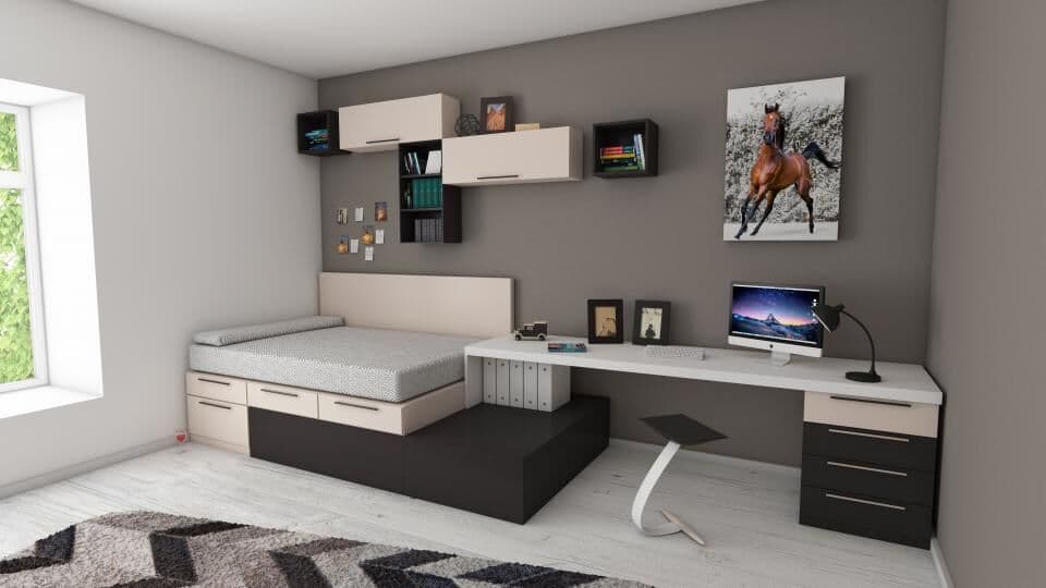 Compact modern room with bed, desk and storage showing an efficient annexe living space